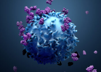 3d illustration proteins with lymphocytes , t cells or cancer cells