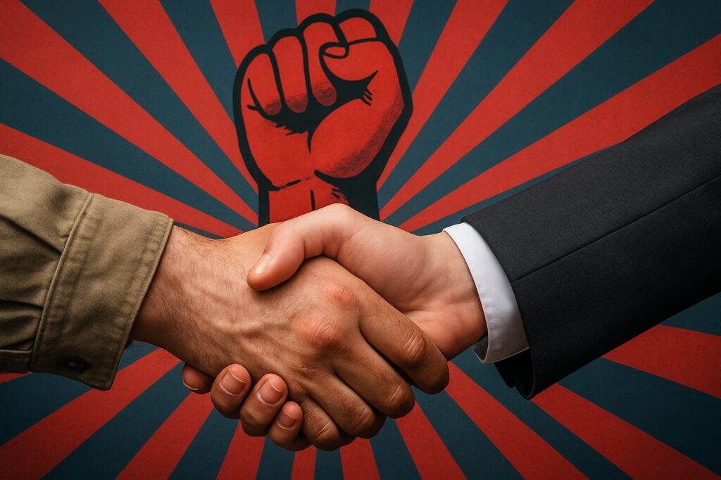 Un obrero y un ejecutivo estrechan manos frente a un fondo con un puño levantado y rayos rojos, representando el acuerdo salarial entre Volkswagen México y su sindicato.