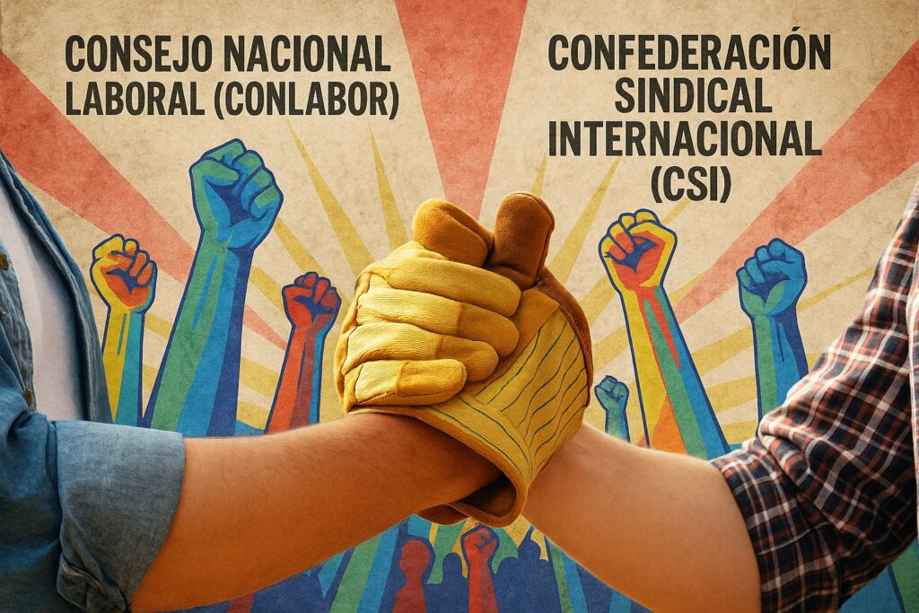 Fotografía intervenida de dos manos unidas con guante de trabajo frente a un fondo de puños levantados, con los nombres Consejo Nacional Laboral (Conlabor) y Confederación Sindical Internacional (CSI), representando la unión sindical y la legitimidad internacional.