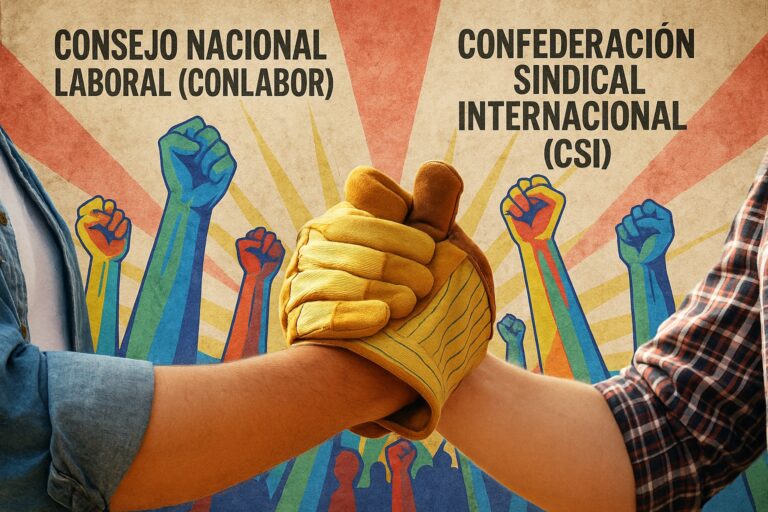 Fotografía intervenida de dos manos unidas con guante de trabajo frente a un fondo de puños levantados, con los nombres Consejo Nacional Laboral (Conlabor) y Confederación Sindical Internacional (CSI), representando la unión sindical y la legitimidad internacional.
