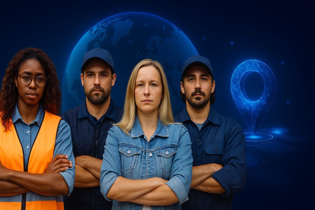 Grupo diverso de empleados del sector logístico mexicano con actitud firme frente a un fondo digital que representa cadenas de suministro globales, simbolizando acuerdo laboral y trabajo digno.