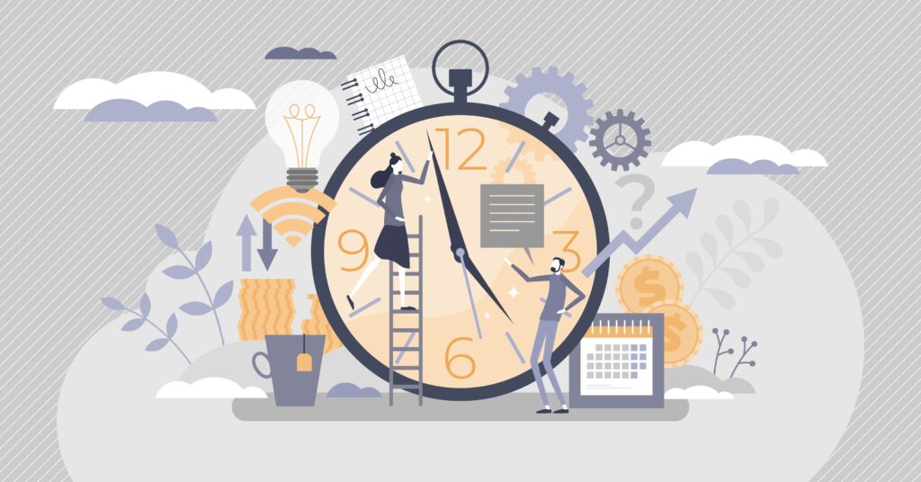 Ilustración de reloj gigante con símbolos de trabajo y dinero, representando debate sobre jornada laboral de 40 horas y postura de Canacope en México.