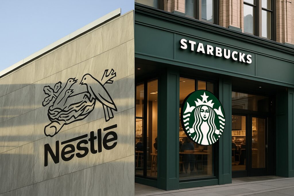 Fachadas corporativas de Nestlé y Starbucks representadas en una portada sobre denuncias laborales en la cadena de suministro del café.