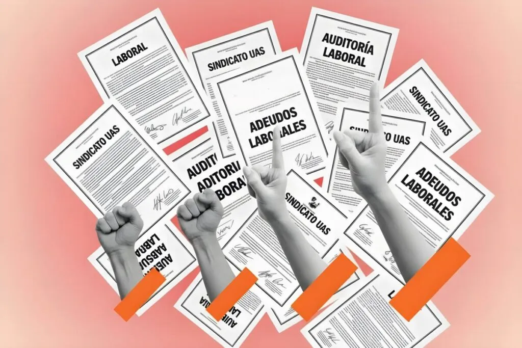 Ilustración editorial con documentos sindicales de la UAS sobre auditoría laboral y adeudos laborales, acompañados de manos levantadas en señal de protesta.