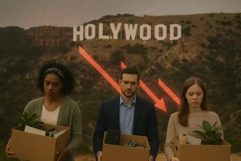 Fotografía editorial que representa el empleo en Hollywood con trabajadores frente a un estudio cinematográfico en Los Ángeles