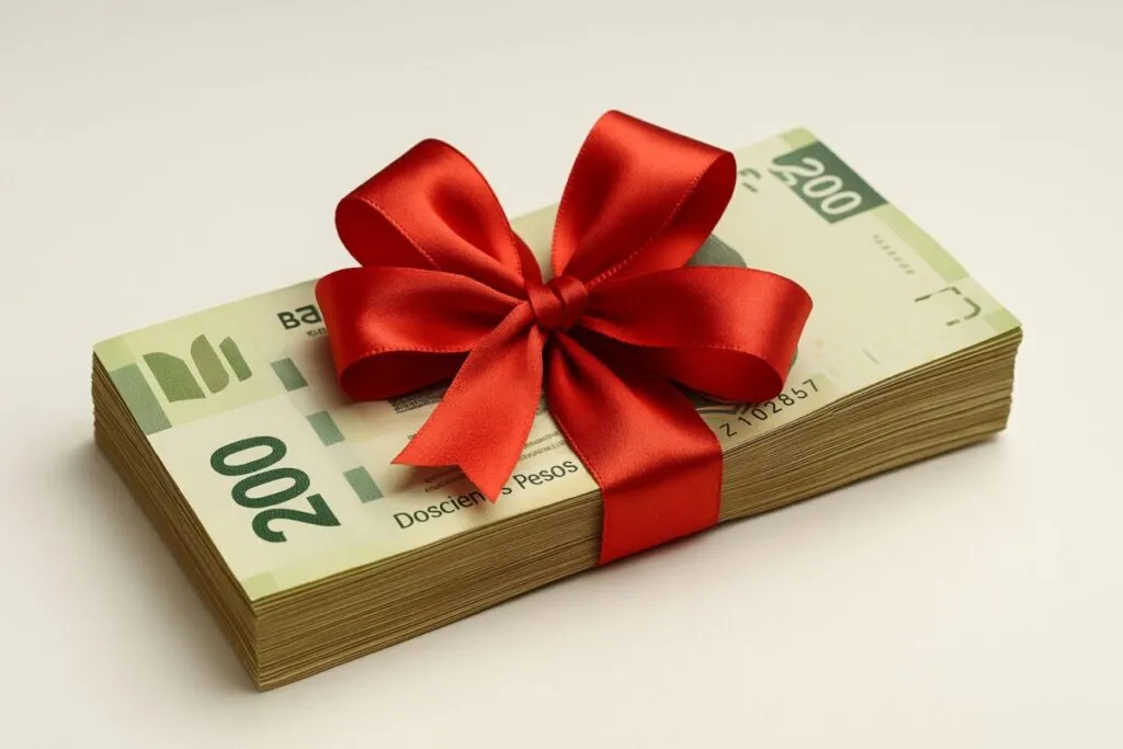 Billetes de 200 pesos con moño rojo representan el adelanto del aguinaldo en Ciudad Juárez por El Buen Fin