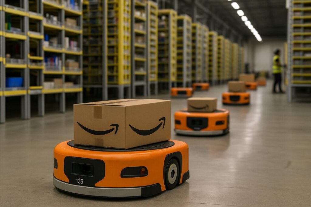 Robots en un centro logístico de Amazon automatizando tareas que antes realizaban empleados humanos