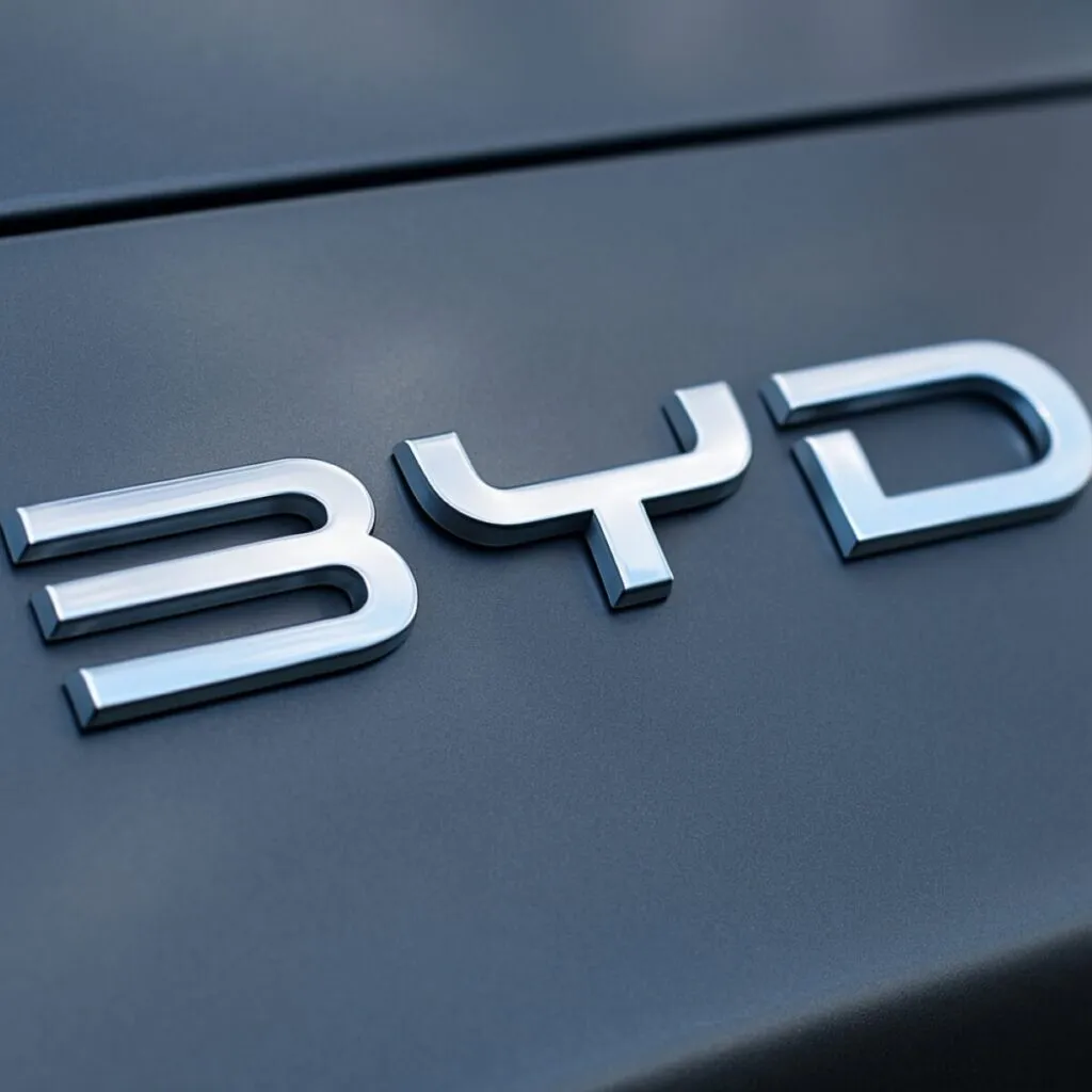 Fotografía del logo de BYD en un automóvil, con acabado metálico y estilo profesional, destacando su identidad visual global