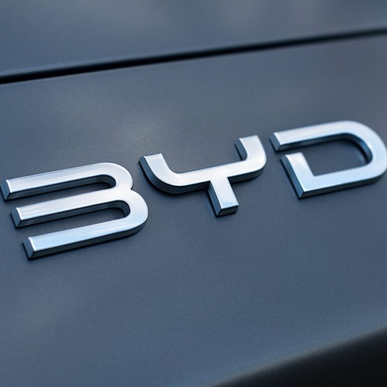 Fotografía del logo de BYD en un automóvil, con acabado metálico y estilo profesional, destacando su identidad visual global