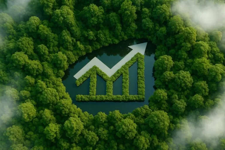 Ilustración aérea de bosque con símbolo de crecimiento económico, reflejando economías verdes urbanas sostenibles