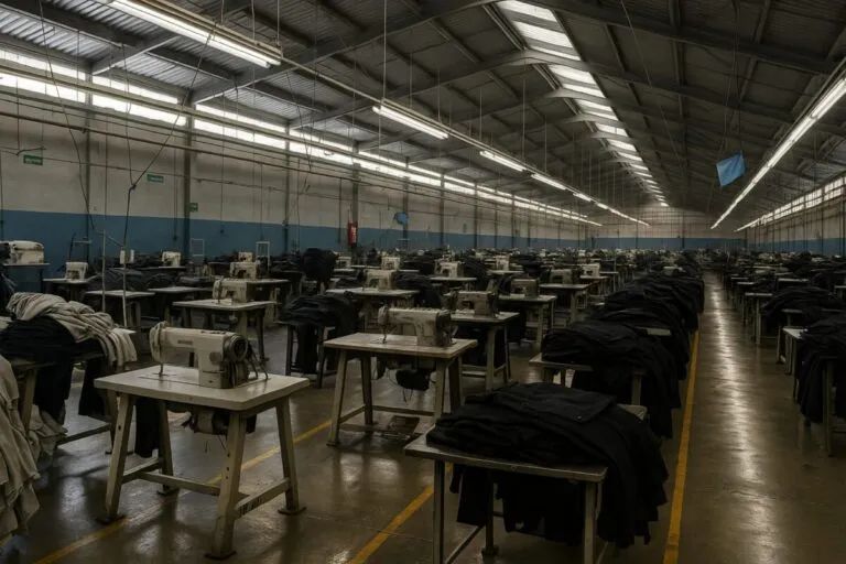 Fotografía de alta resolución de una planta maquiladora industrial con estaciones de trabajo vacías, iluminación artificial y maquinaria visible