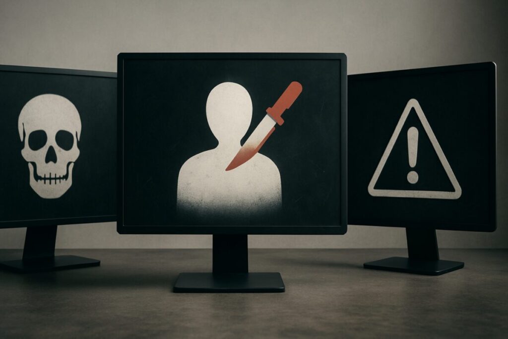 Moderador revisando contenido con expresión tensa, representando los efectos en salud mental por exposición violenta