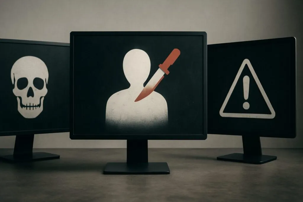 Moderador revisando contenido con expresión tensa, representando los efectos en salud mental por exposición violenta