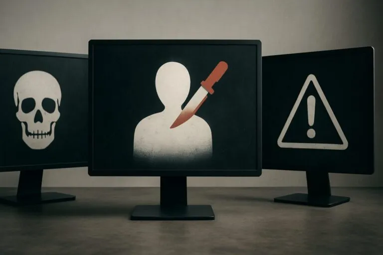 Moderador revisando contenido con expresión tensa, representando los efectos en salud mental por exposición violenta