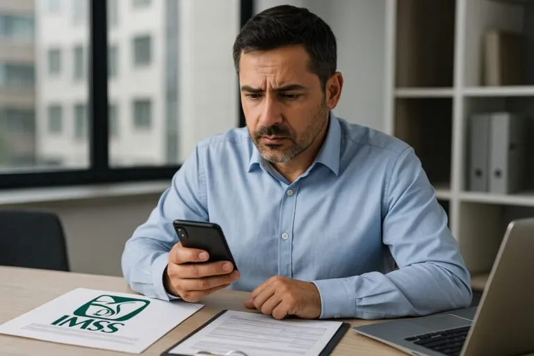 Trabajador mexicano revisa en su celular el salario registrado en el IMSS para proteger su pensión