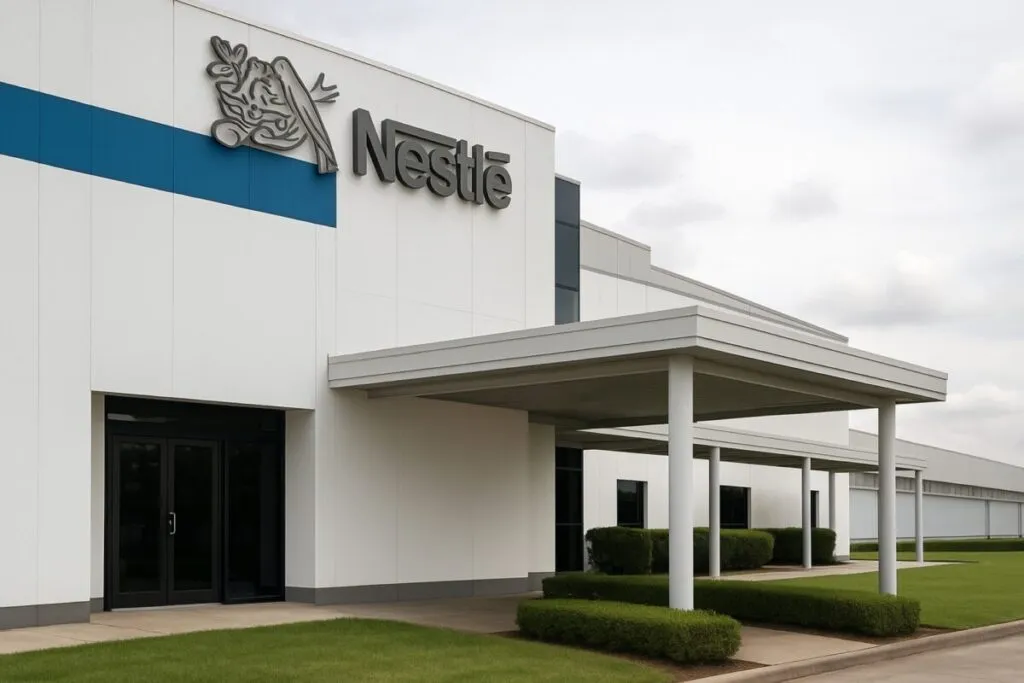 Fachada moderna de una planta de Nestlé en Colombia, relacionada con los despidos Nestlé