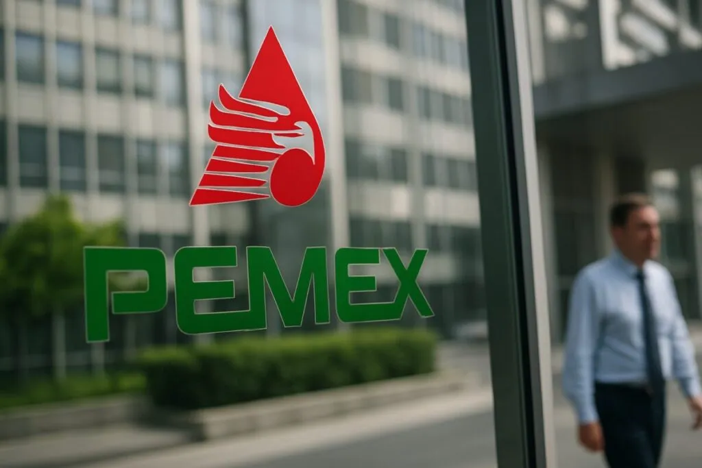 Fachada principal de Pemex con logotipo rojo y reflejo de oficinas, representación visual del respaldo sindical a contrato colectivo