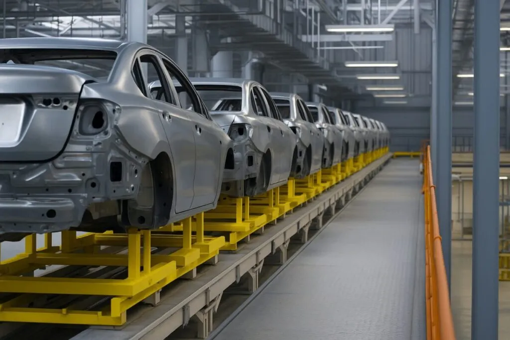 Estructura metálica de autos en línea de ensamblaje industrial en planta italiana de Filosa