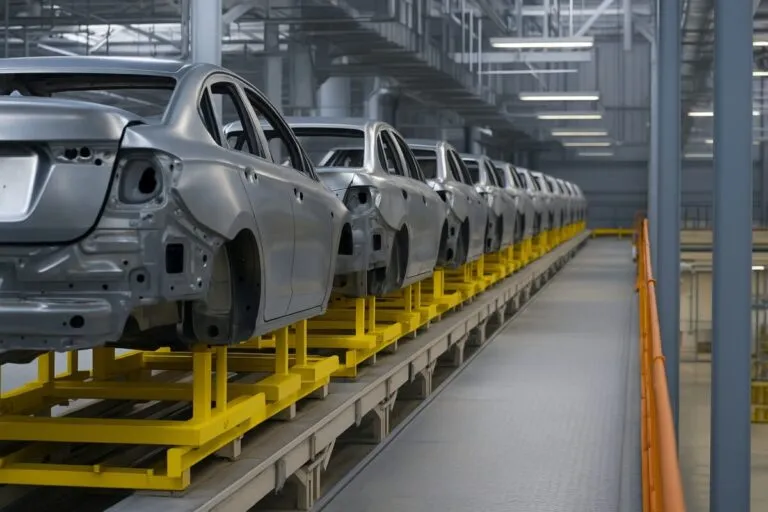 Estructura metálica de autos en línea de ensamblaje industrial en planta italiana de Filosa