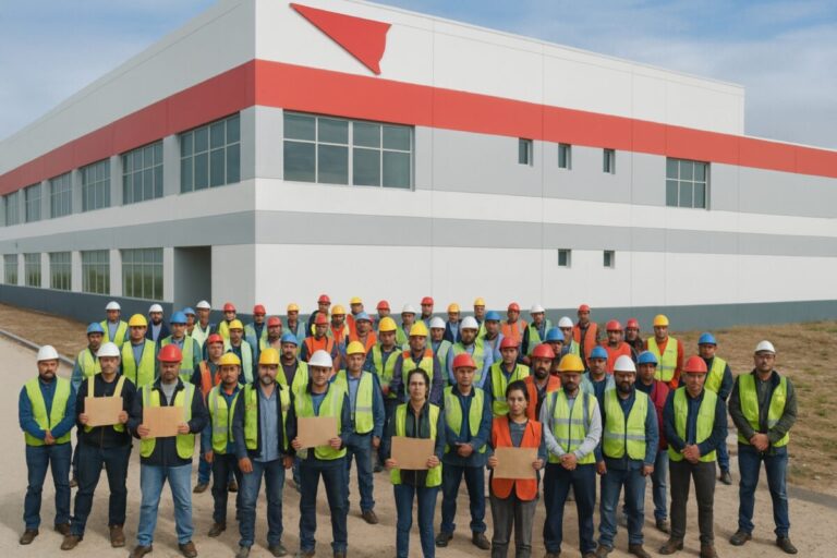 Empleados de la planta Yazaki León con pancartas frente a fábrica, acciones sindicales del SINTTIA