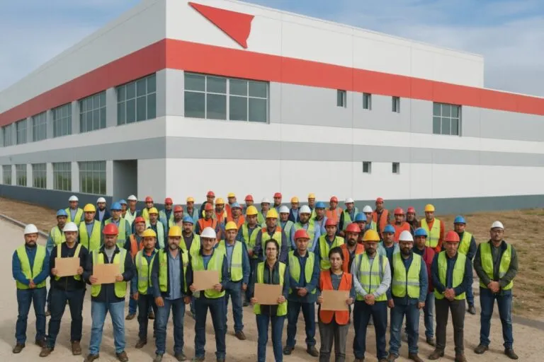 Empleados de la planta Yazaki León con pancartas frente a fábrica, acciones sindicales del SINTTIA