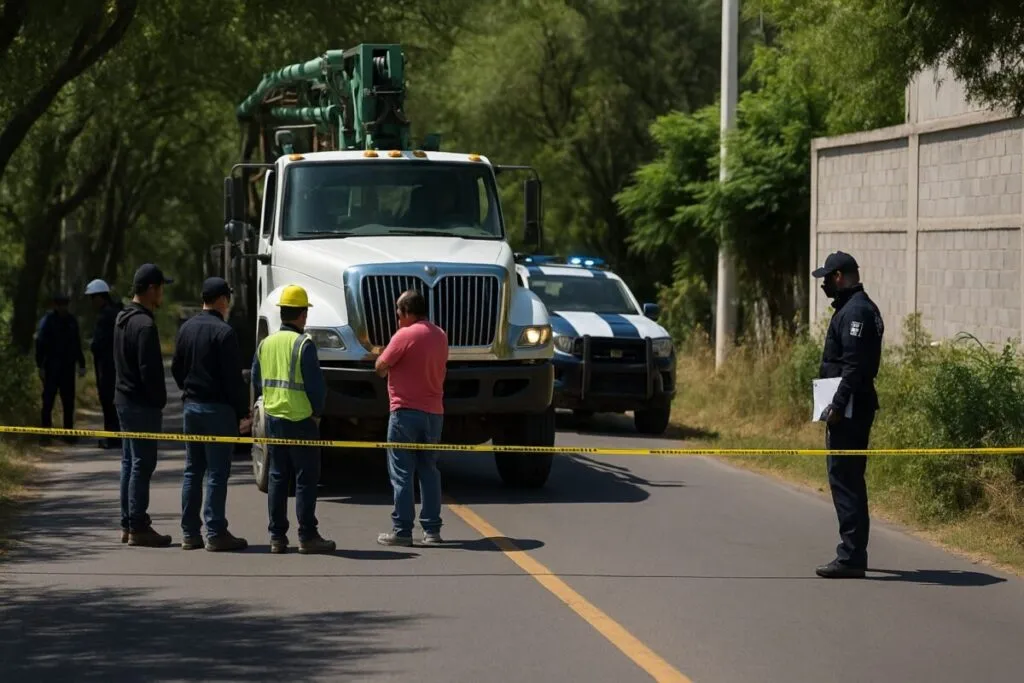 Camión grúa acordonado por la policía en Irapuato, donde un trabajador muere durante labores de construcción