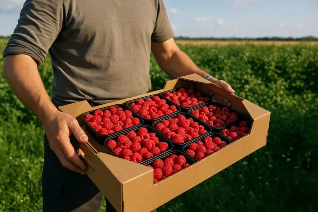 Trabajador agrícola sosteniendo caja de frambuesas cosechadas en un campo rural mexicano