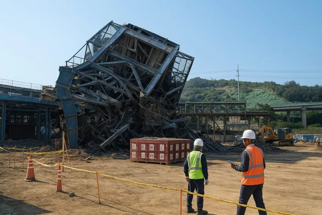 Imagen editorial sobre colapso de planta termoeléctrica en construcción en Corea del Sur, con equipos de rescate en el lugar
