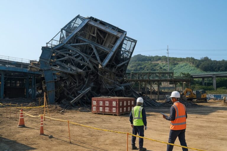 Imagen editorial sobre colapso de planta termoeléctrica en construcción en Corea del Sur, con equipos de rescate en el lugar