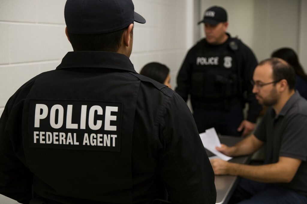 Oficiales de migración y nuevos empleados federales en centro de procesamiento fronterizo en Estados Unidos