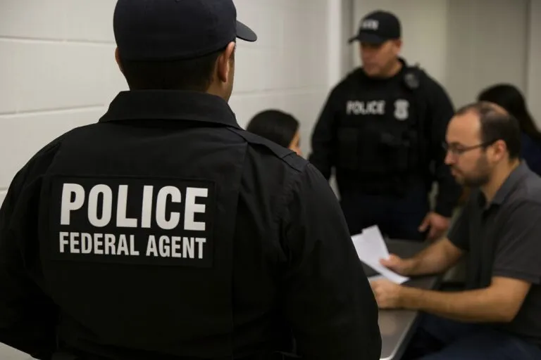 Oficiales de migración y nuevos empleados federales en centro de procesamiento fronterizo en Estados Unidos