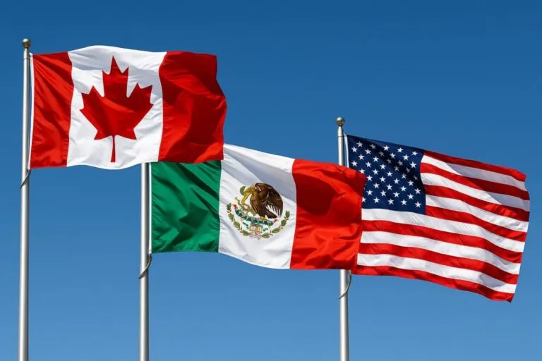 Banderas de Canadá, México y Estados Unidos ilustran el alcance trinacional del mecanismo laboral del T-MEC