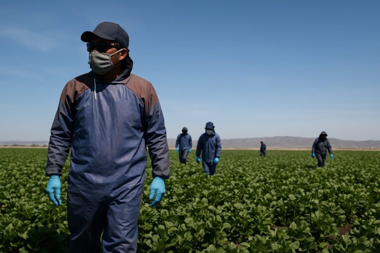 Campesinos migrantes en campo agrícola estadounidense