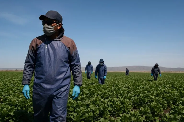 Campesinos migrantes en campo agrícola estadounidense