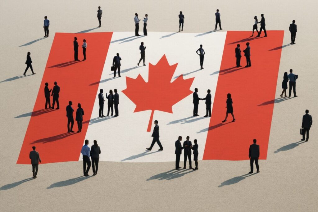 Obrero colombiano en una fábrica canadiense moderna, simbolizando empleo internacional con buenos salarios