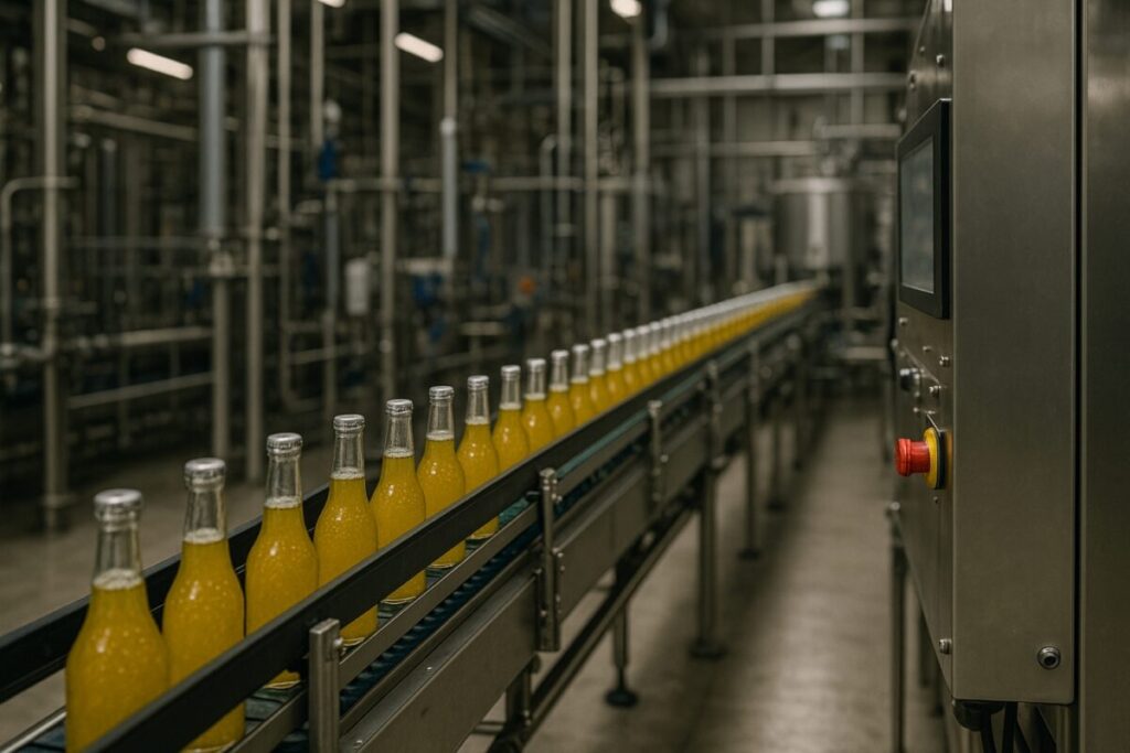 Trabajadores de la cooperativa Pascual Boing operando maquinaria en planta de producción en México