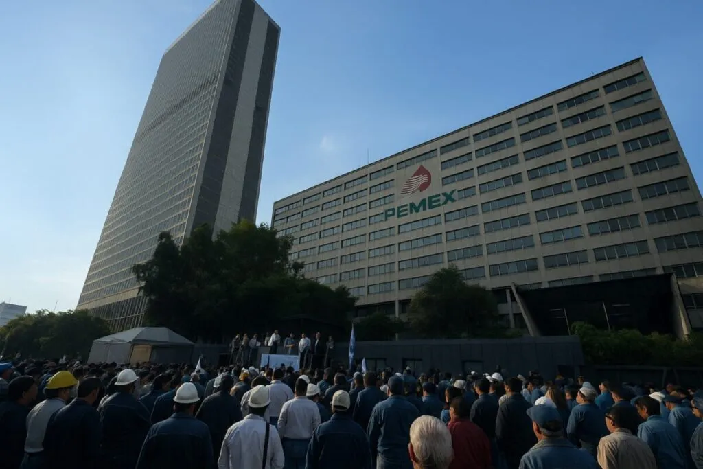 Trabajadores petroleros exigen aumento salarial del 45 por ciento frente a oficinas de Pemex en Ciudad de México
