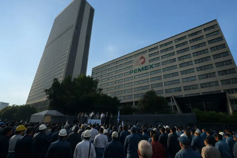 Trabajadores petroleros exigen aumento salarial del 45 por ciento frente a oficinas de Pemex en Ciudad de México