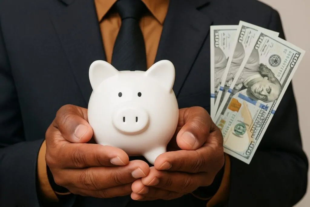 Trabajador mexicano sostiene una alcancía con billetes, simbolizando el acceso limitado a sistemas de retiro como la Afore