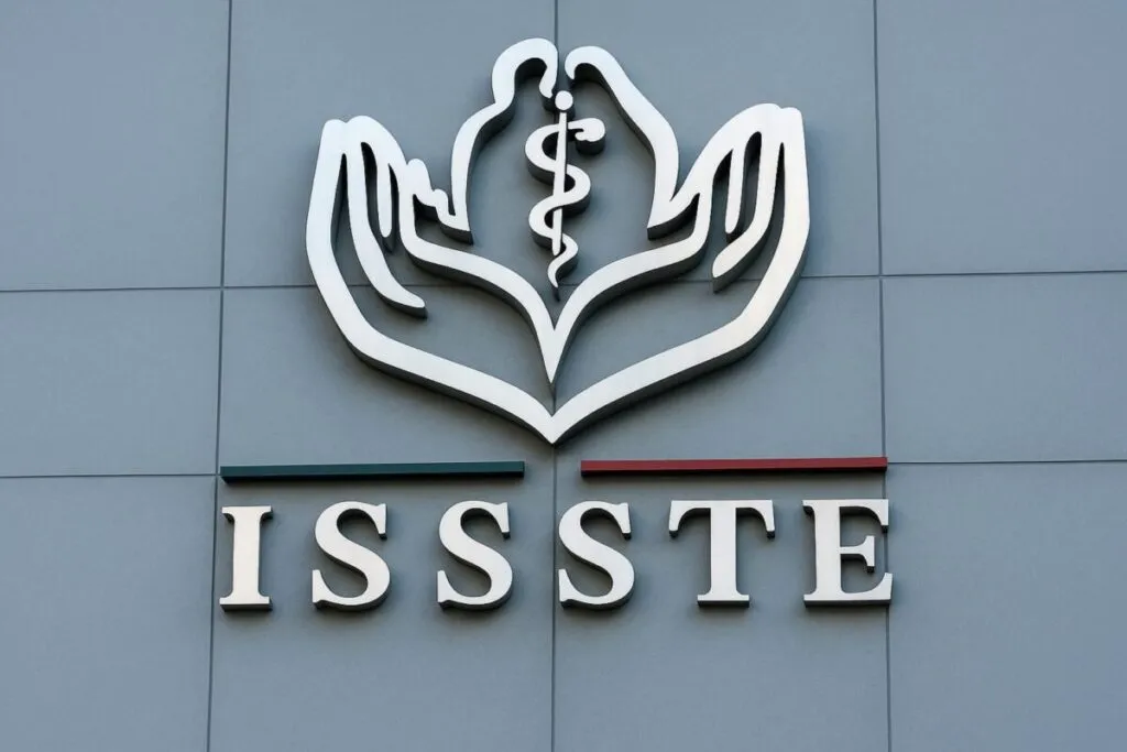 Logotipo del ISSSTE sobre fachada institucional, reflejando fallo de Suprema Corte sobre descuentos FOVISSSTE