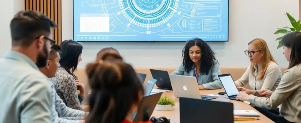 Equipo de trabajo en sala moderna participando en capacitación alineada con tendencias 2025-2026 de la Universidad Iberoamericana.