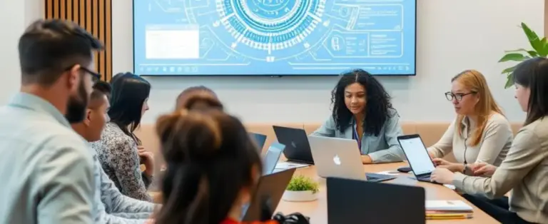 Equipo de trabajo en sala moderna participando en capacitación alineada con tendencias 2025-2026 de la Universidad Iberoamericana.