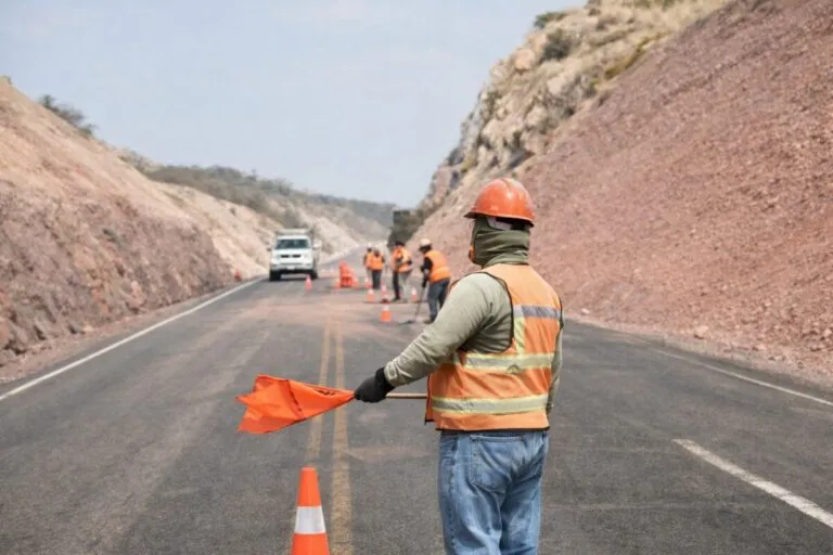 Camineros en carretera mexicana durante labores de conservación, clave en la conectividad territorial y desarrollo económico