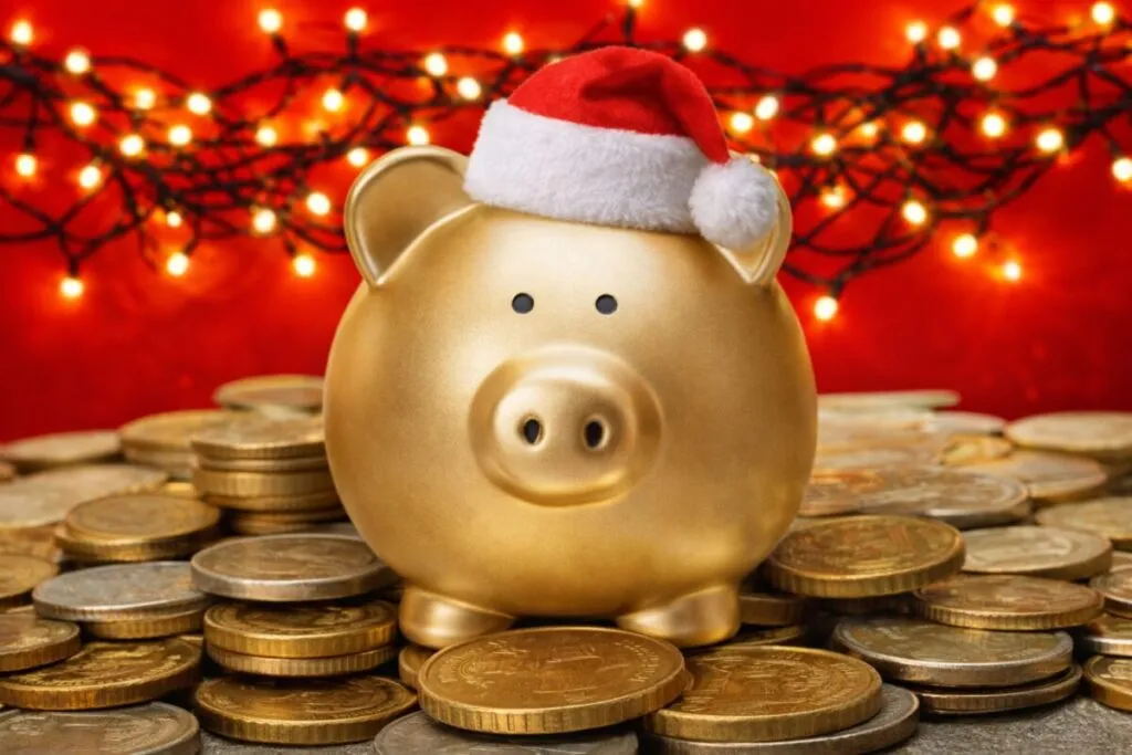 Cerdito dorado con gorro navideño entre monedas, símbolo del aguinaldo atrasado en México
