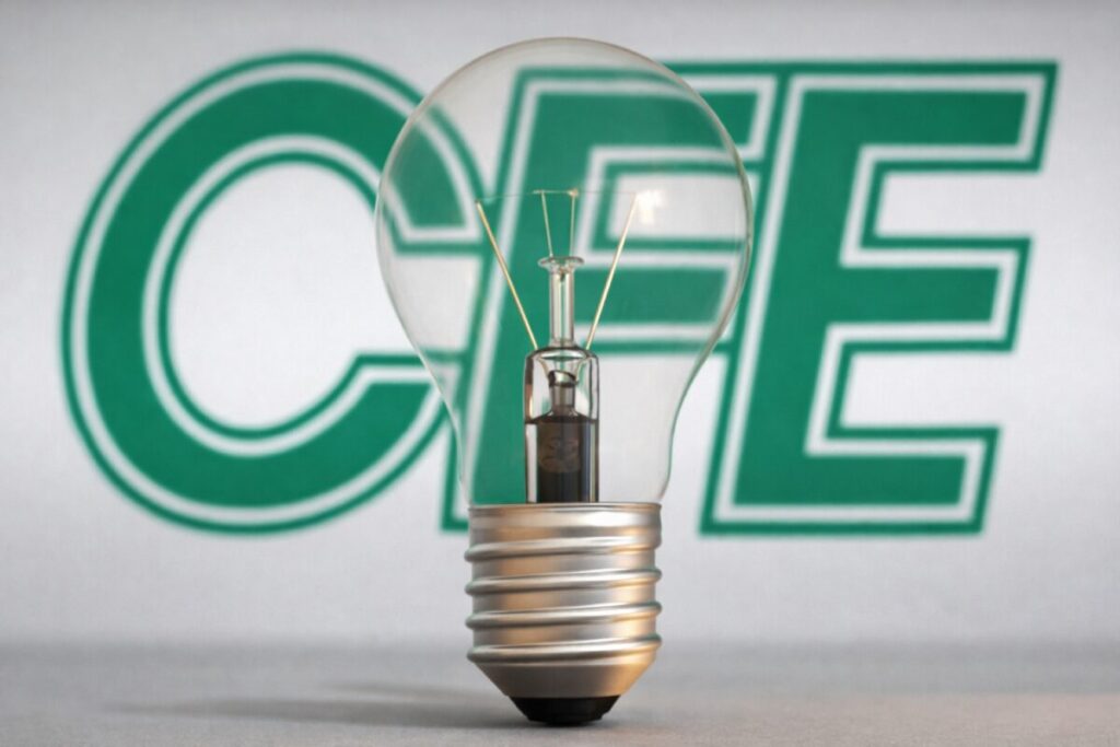 Logotipo de CFE con foco incandescente al frente, símbolo de demanda laboral en México