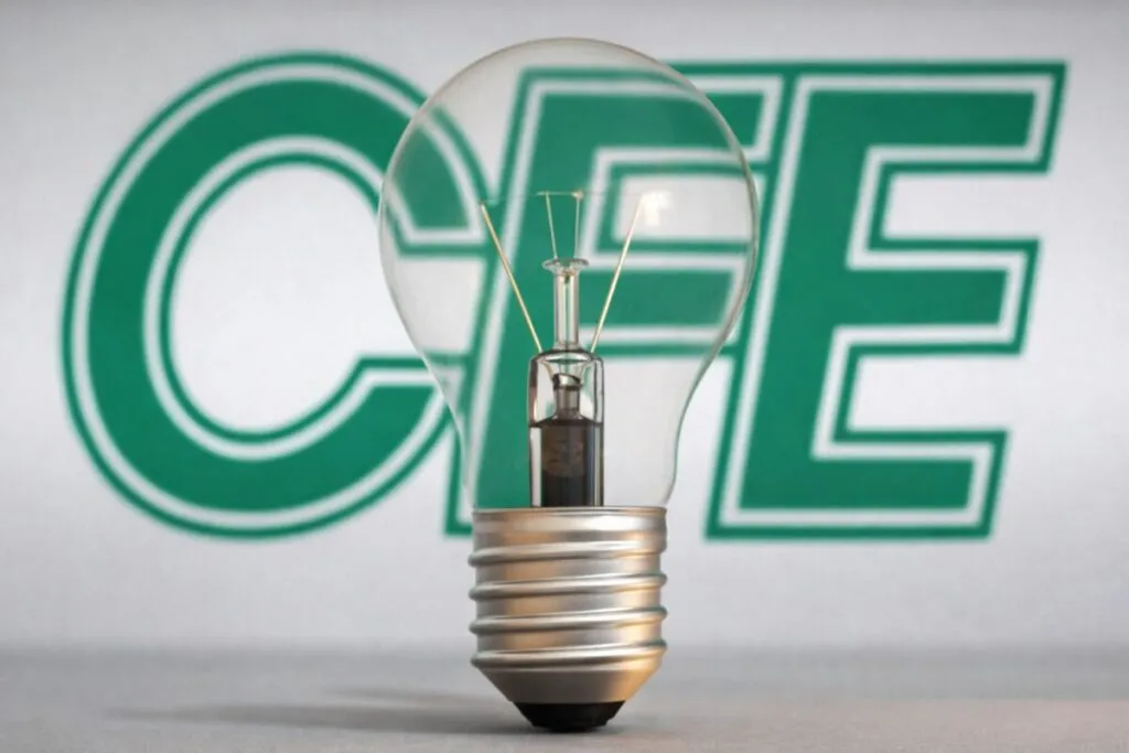 Logotipo de CFE con foco incandescente al frente, símbolo de demanda laboral en México