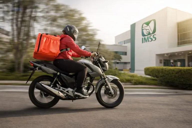 Repartidor de aplicación consultando beneficios de seguridad social en su dispositivo móvil en México