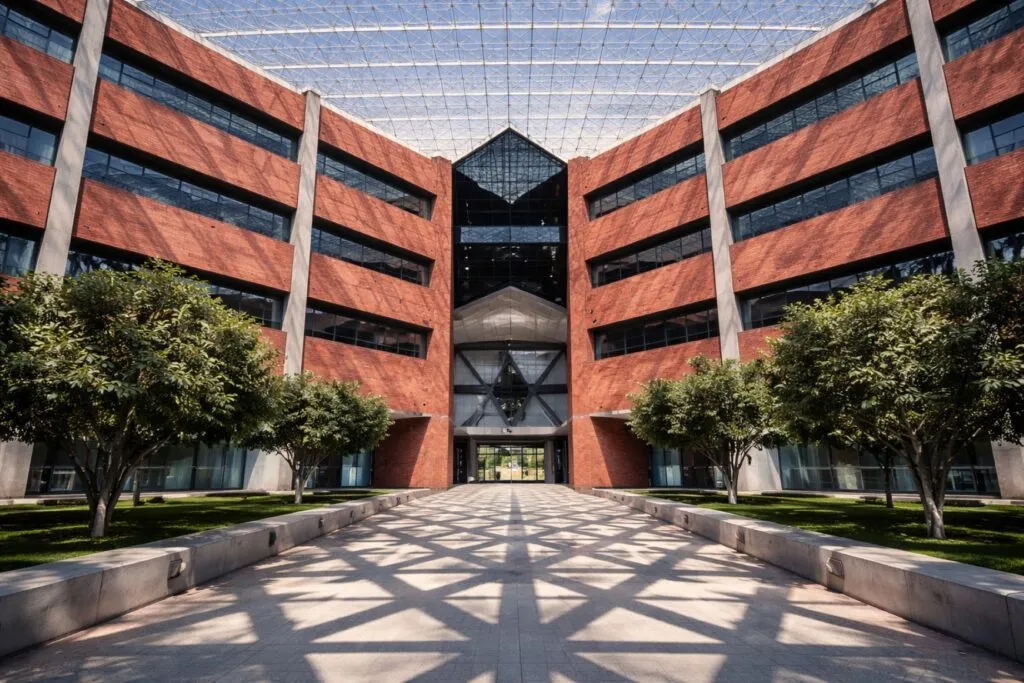 Vista de la fachada de la Universidad Autónoma Metropolitana, edificio moderno con arquitectura simétrica y pasillo central con sombra geométrica