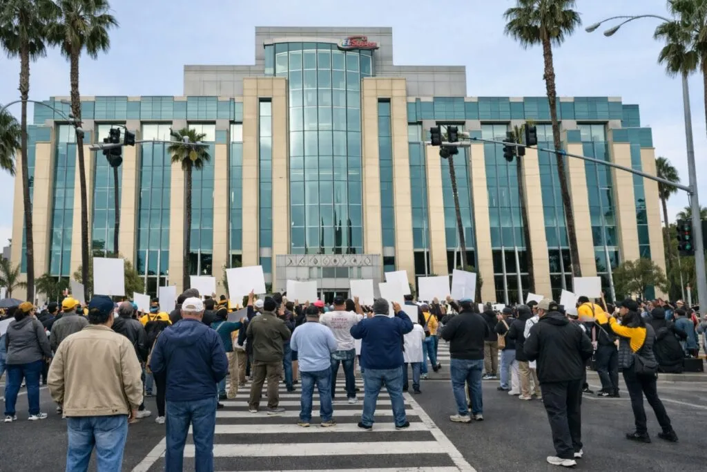 Empleados sindicalizados de El Super Markets en manifestación y celebración tras ratificar contrato sindical con protecciones laborales e inmigración en California.