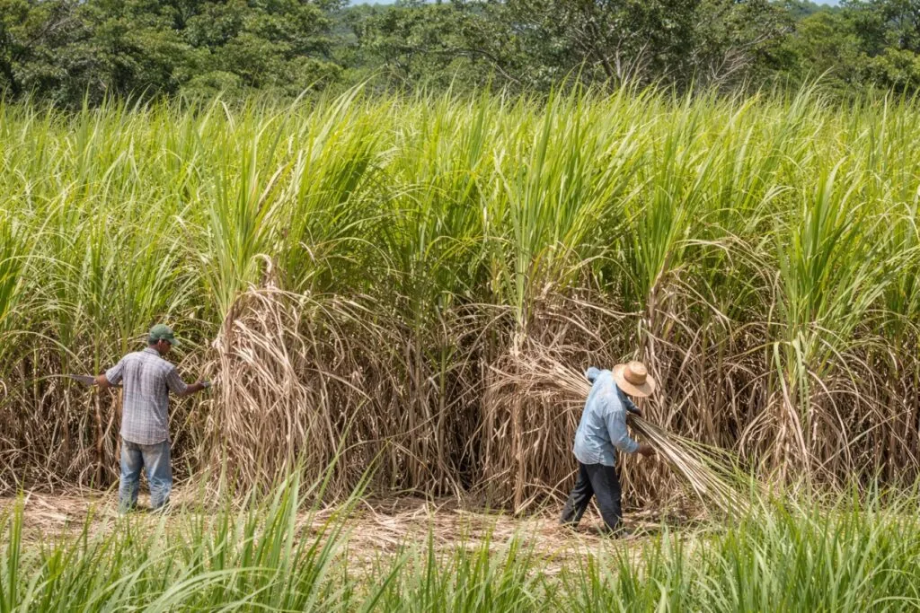 Trabajadores cortando caña en un campo amplio bajo luz natural con enfoque editorial profesional